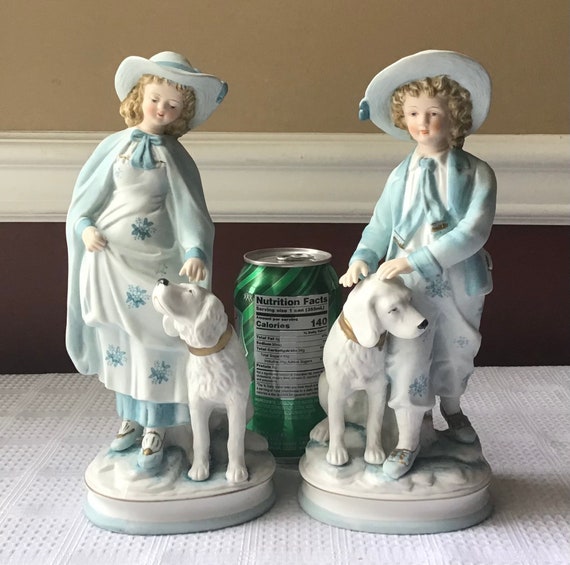 Pair of Vintage Ceramic Victorian Style Boy & Girl With Dogs