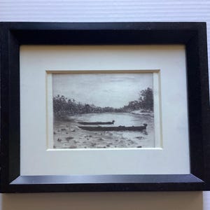 Antique Black and White Etching, River And Boats, Unsigned