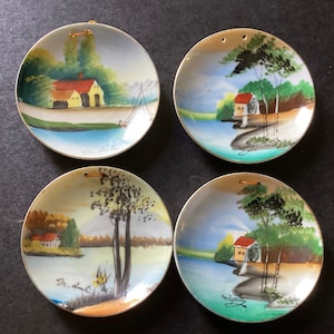 Set Of 4 Japanese Hand Painted Porcelain Wall Plates, Landscape Scenes, 3 3/4”