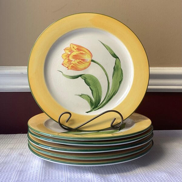 Set of 6 Vintage Ceramic Pottery Dinner Plates, Hand Painted Italy, Tulip-design, Stangl-style, 11 1/4”