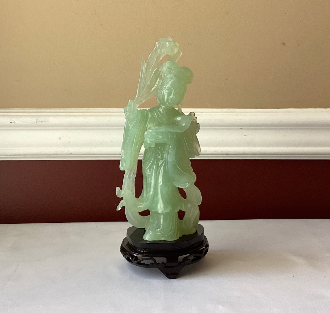Vintage Chinese Jade Figurine With Wooden Base, 8 3/8 Tall Etsy