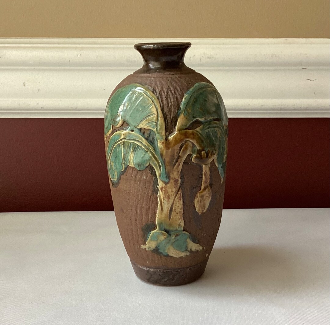 Vintage Asian Stoneware Pottery Vase Treedesign Marked Etsy