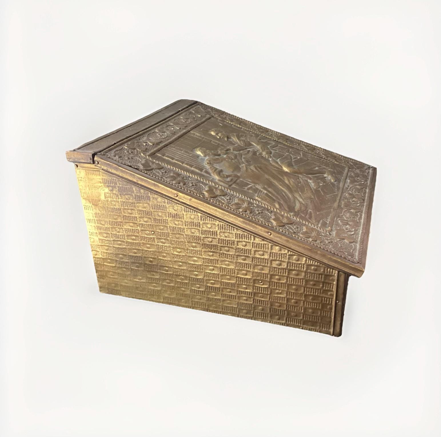 Antique/ VTG English Repoussé Brass Coal Box – Victorian Relief
