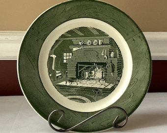 VTG Colonial Homestead By Royal Porcelain Plate, 10” W, Green, Underglaze, USA