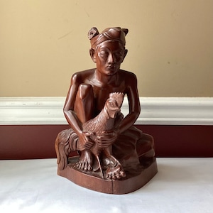 Large Vintage South East Asian Wooden Statue, Man With Rooster, 13&quot; T., 8+ Lbs