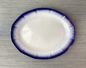 Antique Blue Flow Oval Porcelain Platter, 13 " L x 10" W, Unmarked