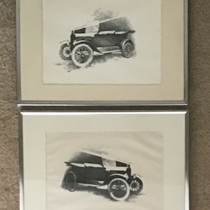 Pair of Vintage Lithographs of Antique American Cars/ Automobiles