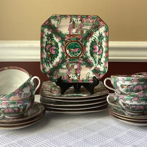 Vintage 18-piece Chinese Rose Medallion Porcelain Teacups, Saucers & Plates