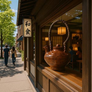 May include: A large, ornate brown ceramic teapot with a woven handle sits in a restaurant window. The sign above the window reads "和食". The restaurant interior is visible through the glass, with people dining inside. A sidewalk and trees are in the background.