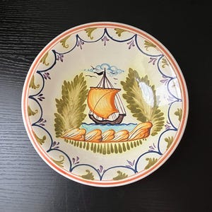 Vintage European Ceramic Decorative Wall Bowl With Sail Boat Design, 9 1/8&quot; W