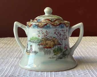 Vintage Small Japanese Hand Painted Porcelain Sugar Bowl, 2 3/4” Tall