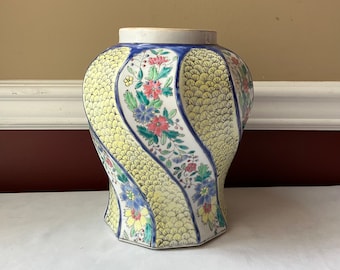 Vintage Hand Painted Porcelain Chinese Blue and Yellow Jar, Unmarked, 9 1/2” T