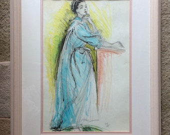 Original American Pastel on Paper Art, Signed, Portrait of A Standing Lady