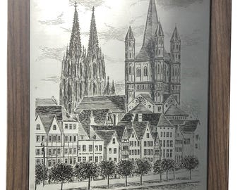 VTG German Etching on Metal, Friedrich Görtitz, Cathedral & Saint