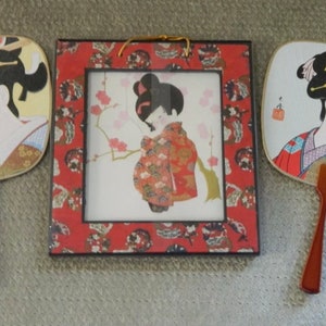 Lot of 2 vintage Japanese Hand Crafted Fans & a Framed Art