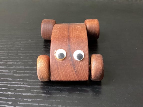 Vintage Handmade Wooden Toy Car With Googly Eyes, 3 3/4