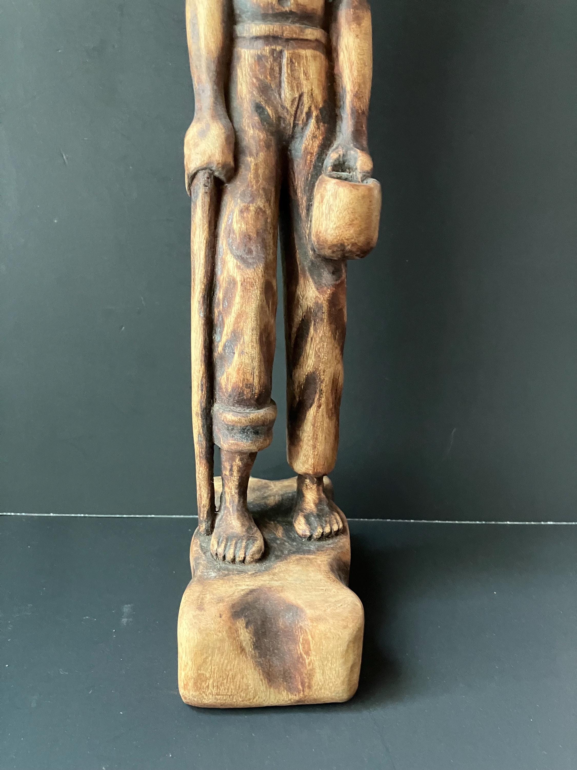 ウッドカービング　イタリア製手彫り木製少年男性ミュージシャン像 ペア 彫刻 VTG Wooden Carved Statue of Man by Haitian Artist Hernot Versaint