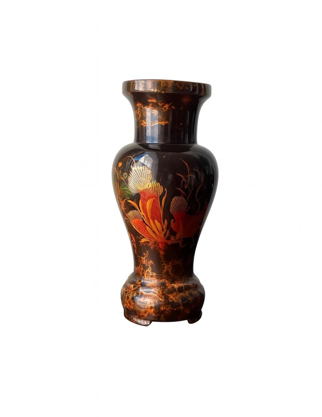 アンティーク風ドラ　アジア Vintage Asian Black Lacquer Vase W/ Red-yellow Bird Motif, 7.75” W