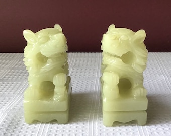 Pair Of Vintage Chinese Celadon Jade Foo Dogs