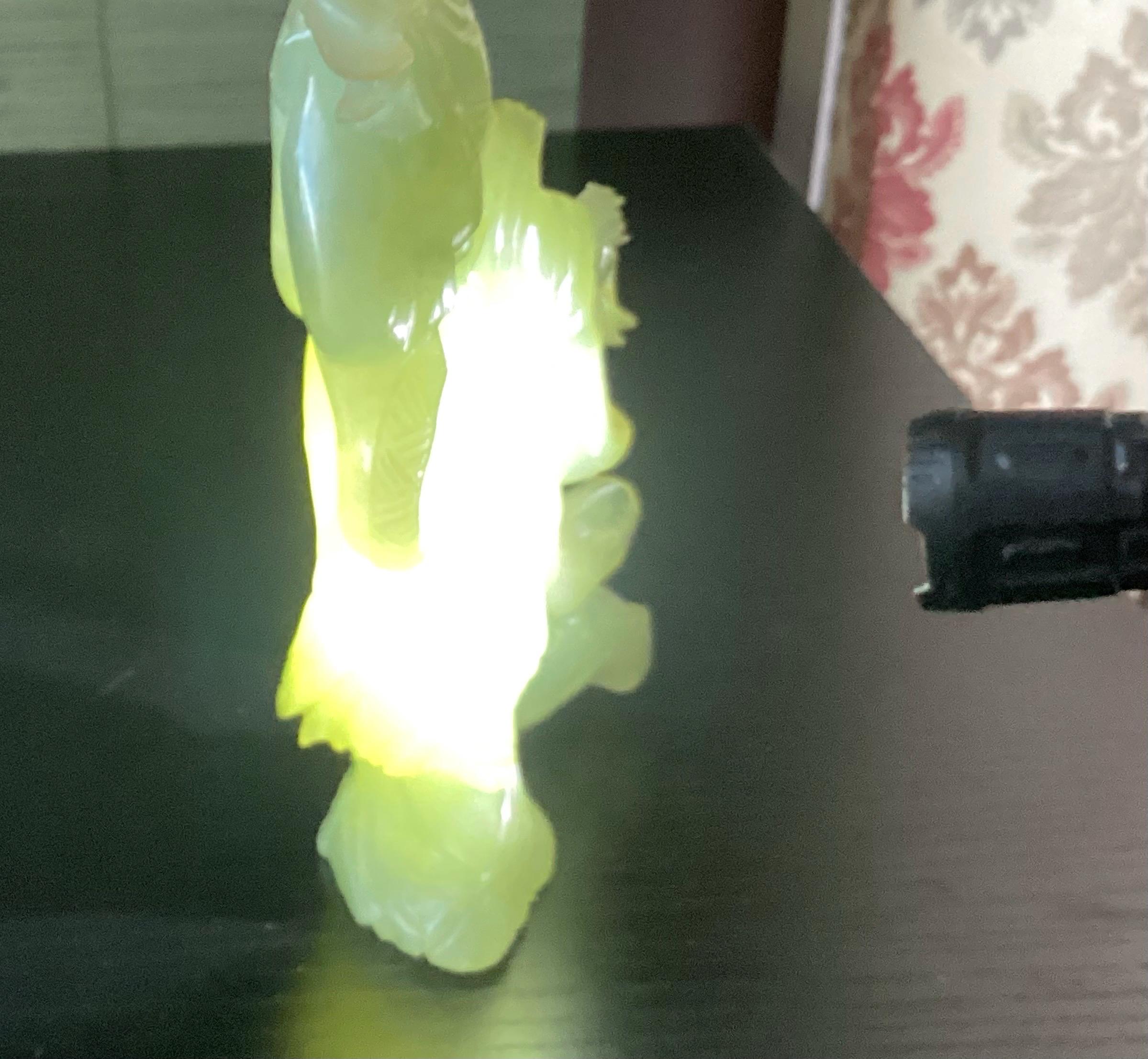 Vintage Chinese Green Jade Figurine With Wooden Base, 7 1/4