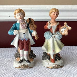 Vintage Victorian-style Porcelain Figurines Of Man & Lady Musicians