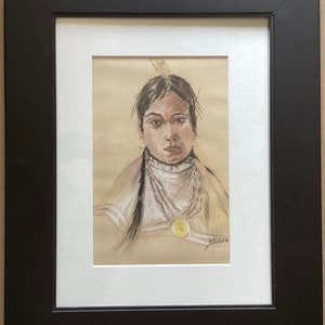 Vintage Original Pastel On Paper Art Of A Native Indian Lady, Signed Nelson