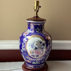VTG Chinese Porcelain Vase Lamp, Blue Floral & Bird Design, Working, 18&quot; T