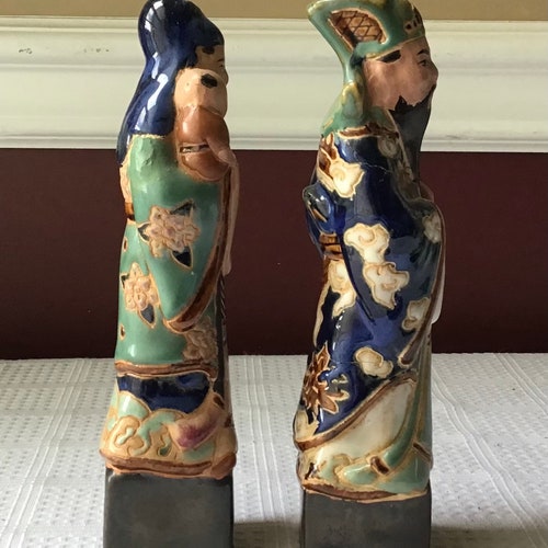 Pair Of retailer Antique Chinese Ceramic Immortal God Figurines, 7 1/2”T