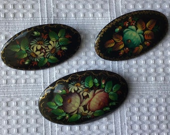 Lot of 3 Vintage Russian Lacquer Brooches Signed by Artist, Lot #2