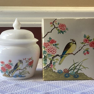 Vintage Avon Dynasty Perfumed Candle Holder, Bird-design, Milk Glass Candle Holder, in Box image 1