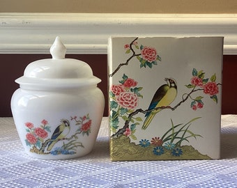 Vintage Avon Dynasty Perfumed Candle Holder, Bird-design, Milk Glass Candle Holder, in Box