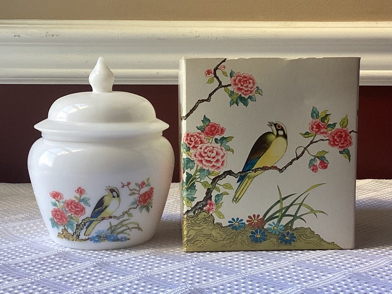 Vintage Avon Dynasty Perfumed Candle Holder, Bird-design, Milk Glass Candle Holder, in Box image 1