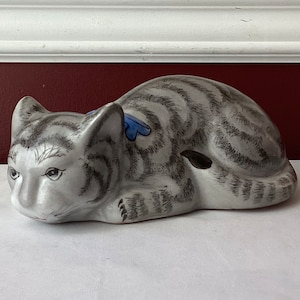 Vintage Chinese Porcelain Sleeping Cat Figurine/ Gray Cat Figurine, Marked, 8&quot; L