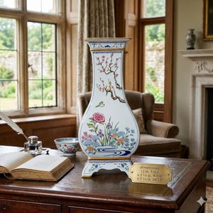 May include: A tall, white ceramic vase with a floral and bird design. The vase is 12 inches tall, 5 1/4 inches wide, and 5 1/4 inches deep. It features a gold rim and base, and is decorated with pink flowers, blue accents, and a bird perched on a branch.