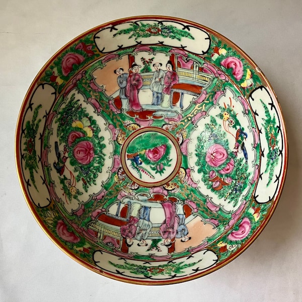 Vintage Chinese Porcelain Rose Medallion Bowl, Hand Painted Hong Kong, 9” W