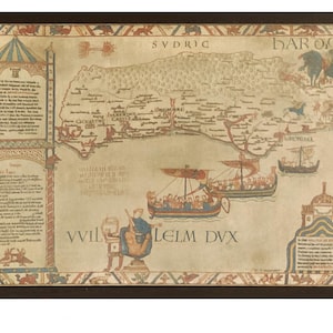 May include: A framed historical map with detailed illustrations and text. The map features a coastal landscape, ships, and figures, with decorative borders and text in a vintage style. The color palette includes beige, brown, and red.