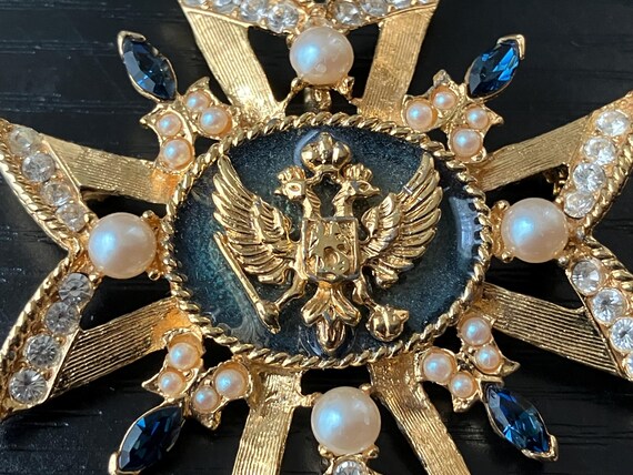 Russian Maltese Cross Brooch – Faux Pearls, Blue Stones & Crystals View 3