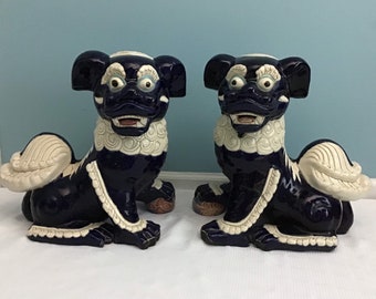 Pair of Extra Large 19th Century Cobalt Chinese Porcelain Foo Dogs, Signed