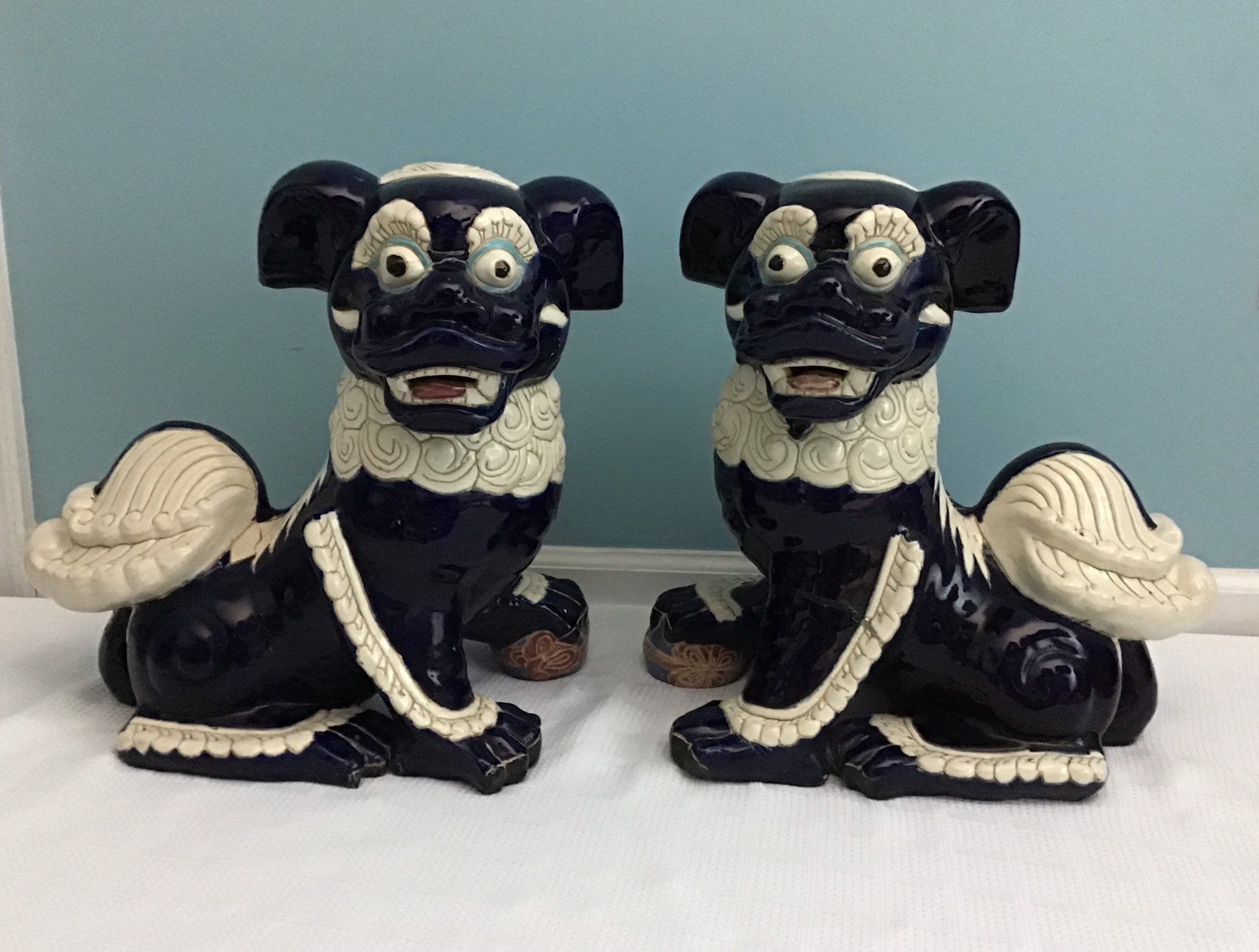 Pair Of Extra Large 19Th Century Cobalt Chinese Porcelain Foo Dogs, Signed
