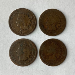 Antique Lot of 4 Indian Head One Cent Coins: 1882, 1883, 1883, 1893