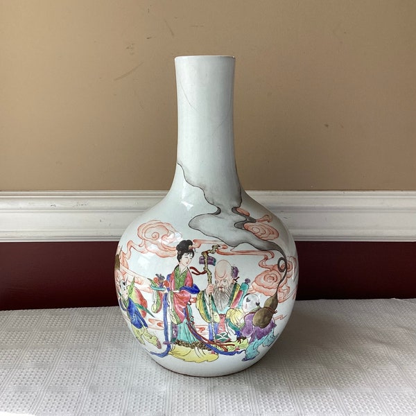 Antique Chinese Figural Famille Rose Porcelain Vase, 14" T, (Repaired)