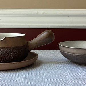 Vintage 3-piece Denby Stoneware Pottery Sauce Pot, Under-plate & Bowl, England