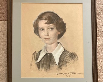 Vintage Original Pastel On Paper, Portrait of a Lady, Signed & Dated