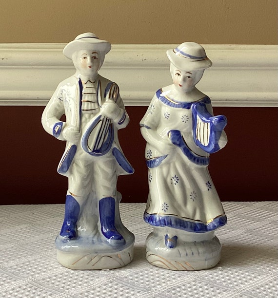 Pair of Vintage Blue & White Porcelain Victorian-style Figurines, Man and  Lady 