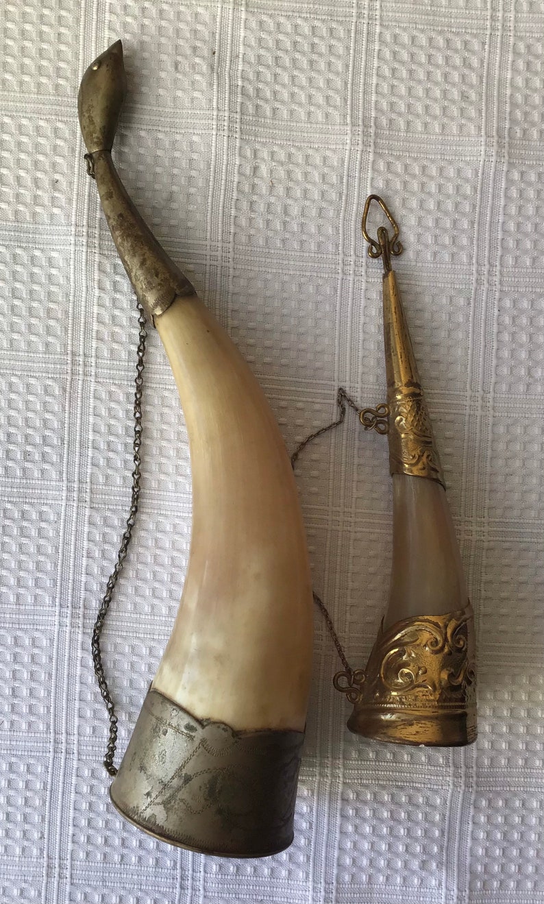 Lot Of 2 Vintage Brass Decorated Drinking Horns