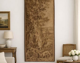 Antique French Aubusson Style Jacquard  Woven Tapestry, Hunting Scene, 55" x 25"