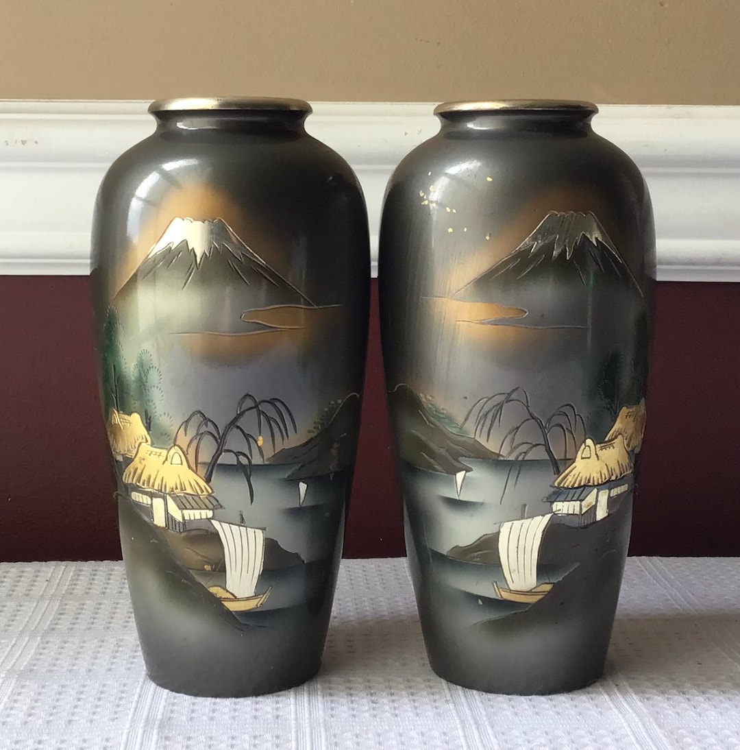 Pair of 2 Vintage Japanese Metal Vases Fuji Mountain Etsy