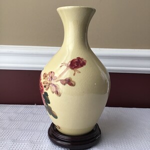 Vintage Chinese Porcelain Vase, Handpainted Under Glaze, 9 5/8” Tall, yellow with flowers image 2