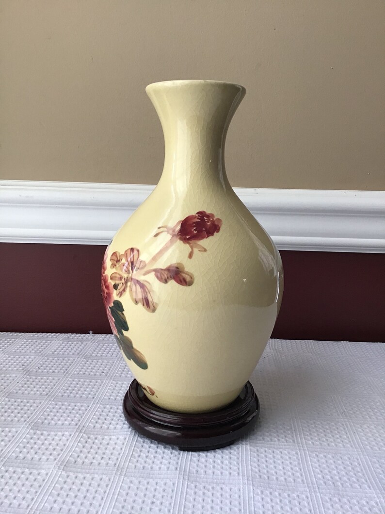Vintage Chinese Porcelain Vase, Handpainted Under Glaze, 9 5/8” Tall, yellow with flowers image 2