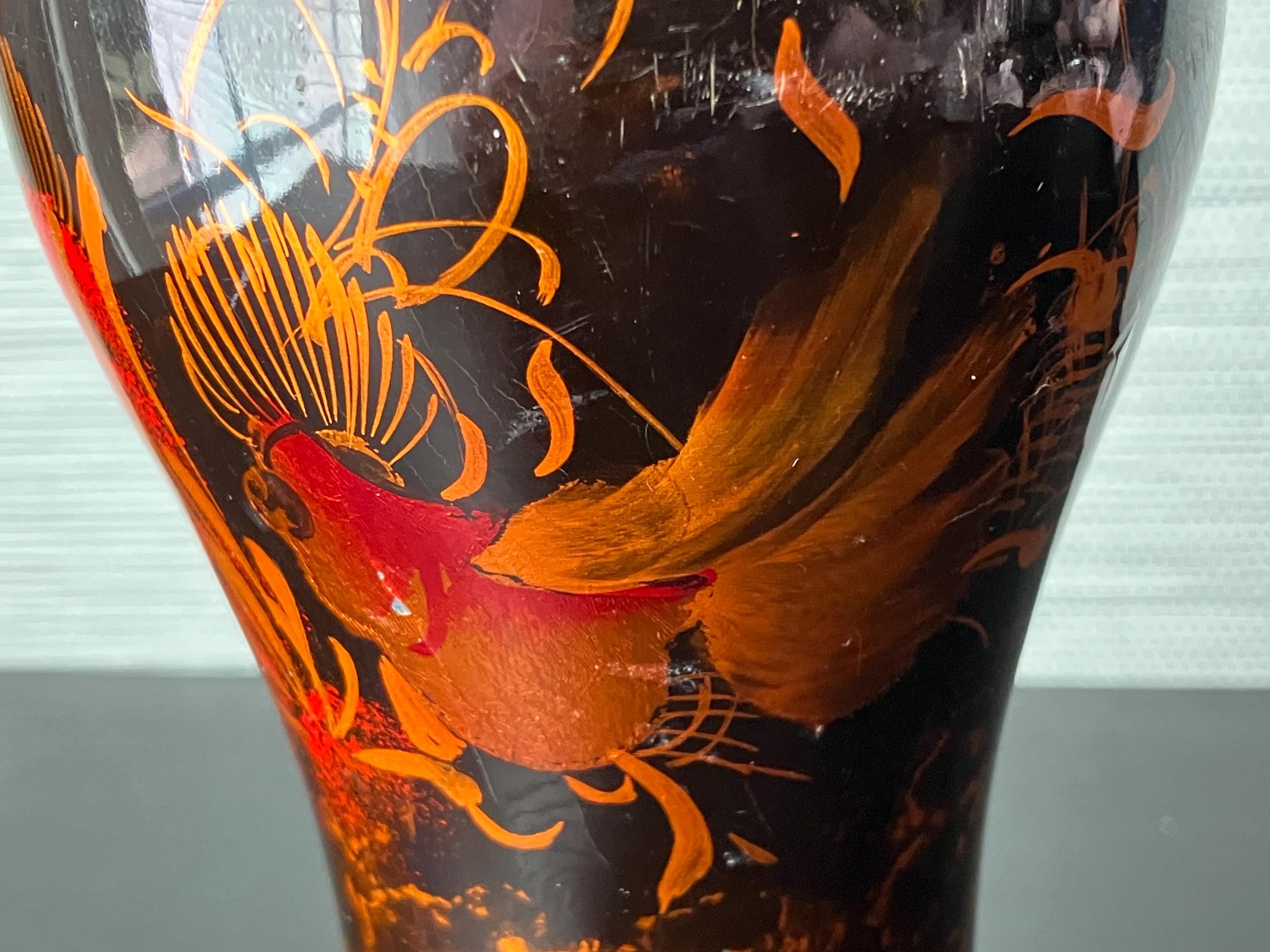 Vintage Asian Black Lacquer Vase W/ Red-yellow Bird Motif, 7.75” W